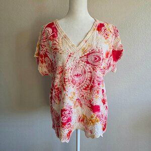 Solitaire Top Blouse V-Neck Embroidered Boho Peasant White Red Splatter Size M ?